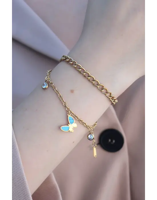 316L Kararmaz Çelik Gold Renk Kelebek Detaylı Kadın Bileklik