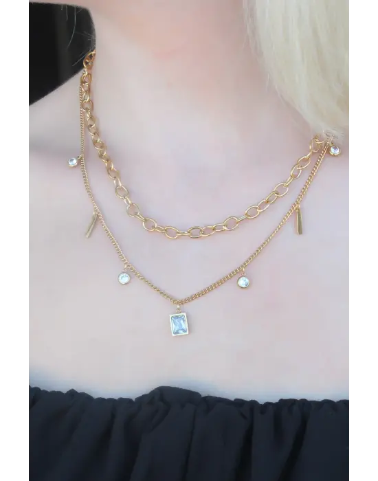 316L Kararmaz Çelik Zirkon Taşlı Çoklu Kadın Kolye