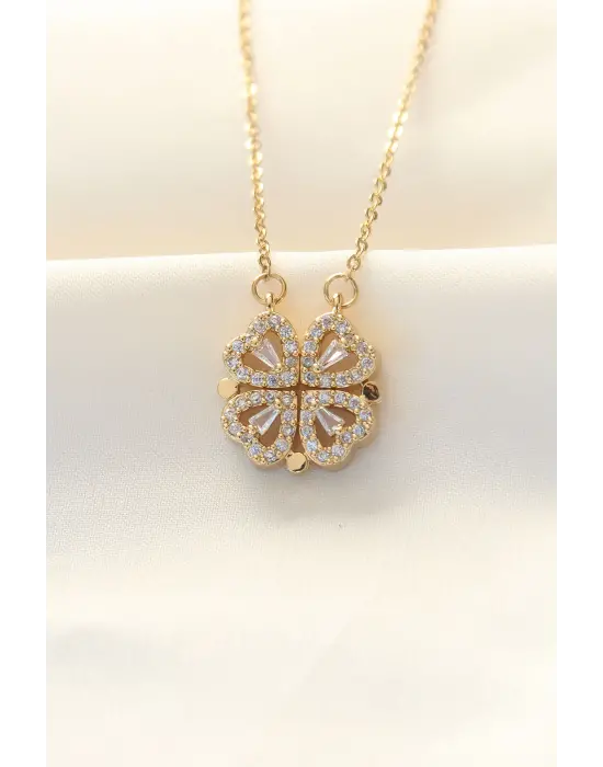 316L Zinciri Çelik Zirkon Taşlı Altın  Kalp Tasarımlı Yonca Çelik Kolye