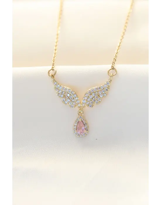 316L Zinciri Çelik Zirkon Taşlı Altın  Kanat ve Damla Model Çelik Kolye