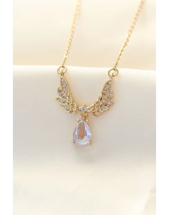 316L Zinciri Çelik Zirkon Taşlı Altın  Kanatlı Damla Çelik Kolye