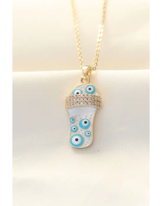 316L Zinciri Çelik Zirkon Taşlı Altın  Nazar Boncuklu Terlik Çelik Kolye