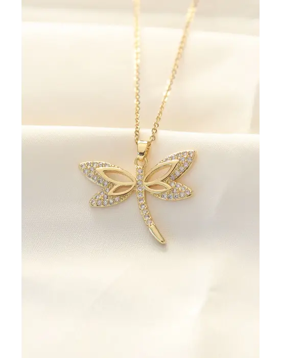 316L Zinciri Çelik Zirkon Taşlı Altın  Yusufçuk Çelik Kolye