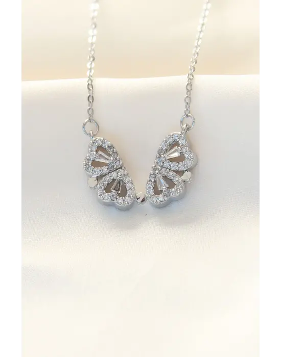 316L Zinciri Çelik Zirkon Taşlı Gümüş  Kalp Tasarımlı Yonca Çelik Kolye