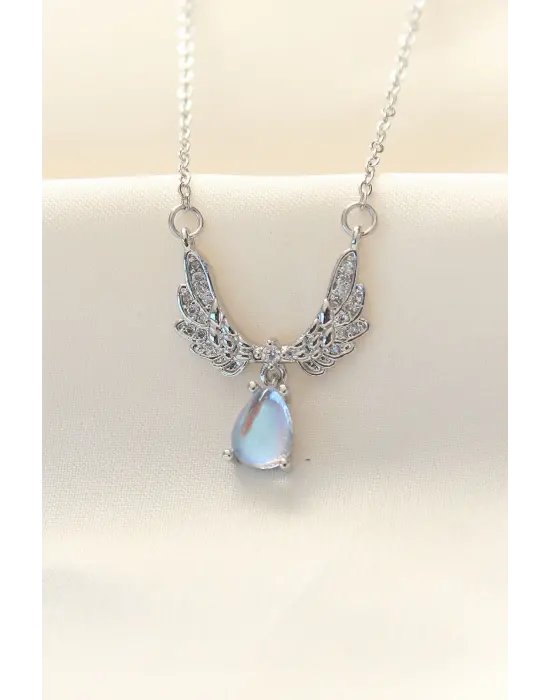 316L Zinciri Çelik Zirkon Taşlı Gümüş  Kanatlı Damla Çelik Kolye