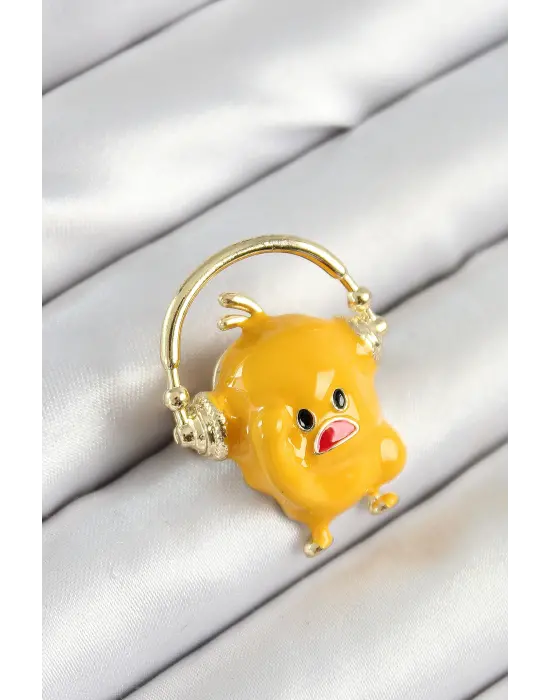 3D Kulaklıklı Sarı Civciv Figürlü Gold Renk Kadın Broş