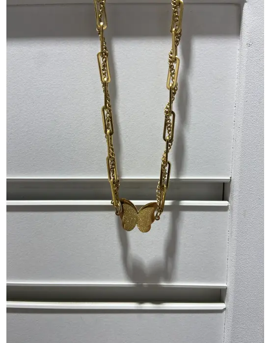 Çift 2 Zincirli Gold Renk Taşsız Kelebek Motifli Sarkıtmalı Uzun Kolye