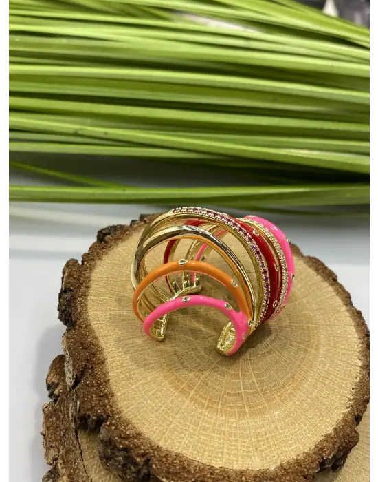 Pembe Turuncu Kırmızı Taşlı Sıkıştırmalı Earcuff Küpe