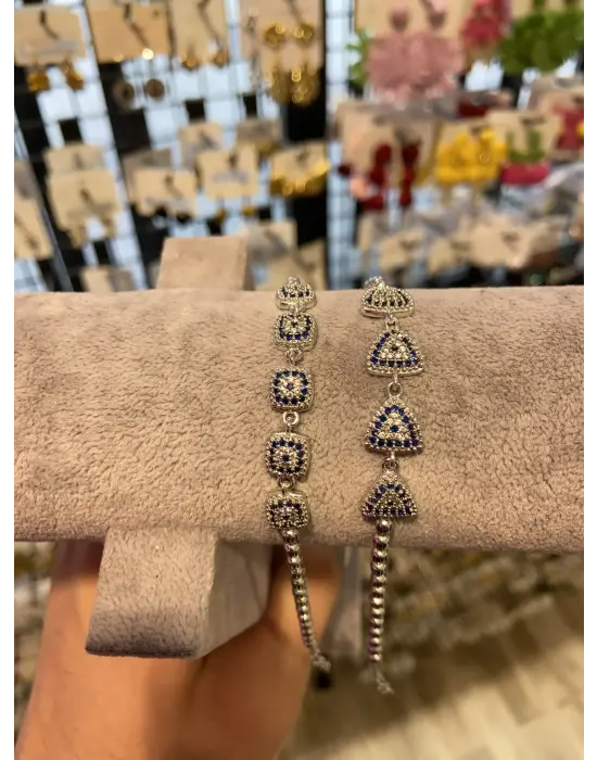 Mavi Taşlı Kare ve Üçgen Nazar Boncuklu Bileklik
