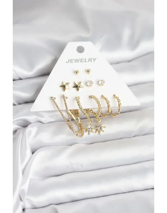 Güneş Model 6 Çift Kadın Küpe Seti Gold Renk