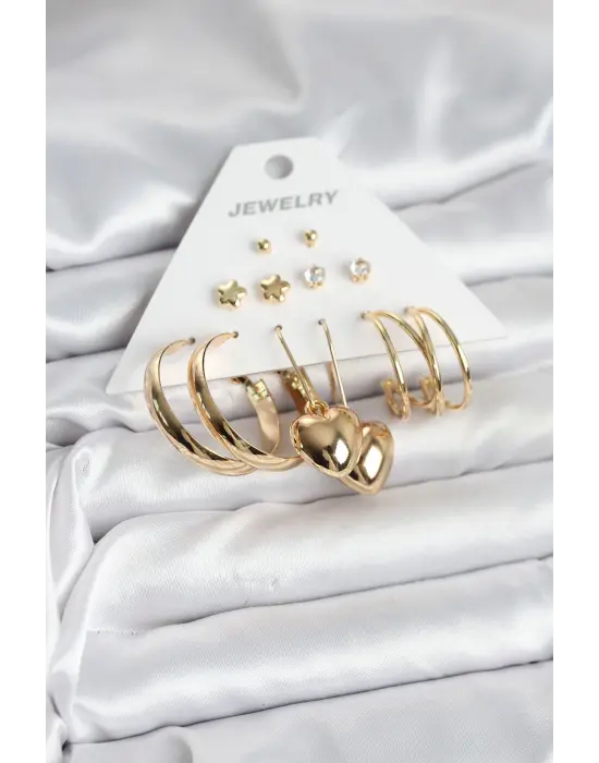 Bombeli Kalp Detaylı 6 Çift Kadın Küpe Seti Gold Renk