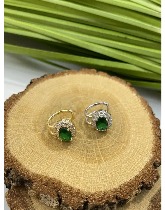 Yeşil Taşlı Earcuff & Sıkıştırma Kıkırdak Küpesi