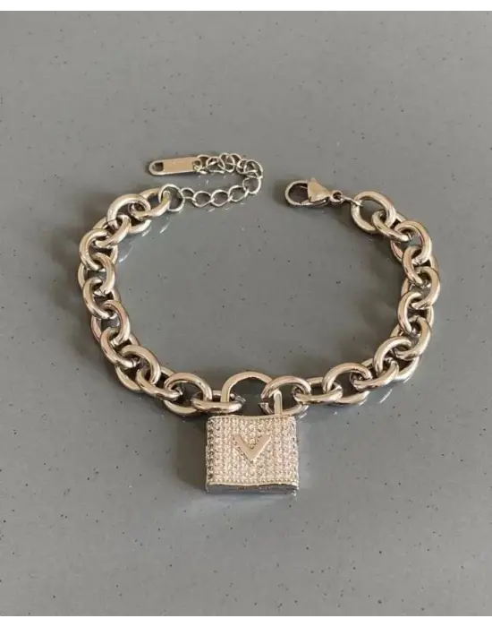 Çelik Anahtar Kilit Kalp Motifli Zincir Bileklik