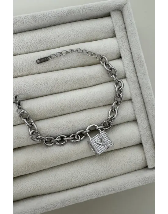 Çelik Anahtar Kilit Kalp Motifli Zincir Bileklik