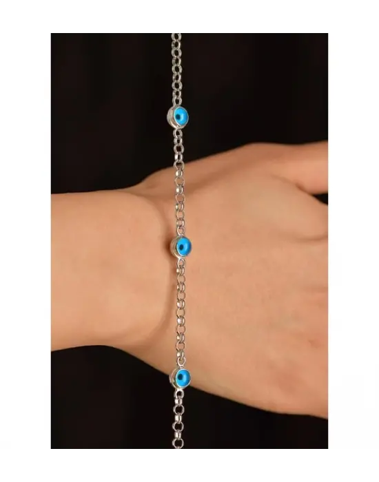 İri Nazar Boncuklu Çelik Gümüş Bileklik