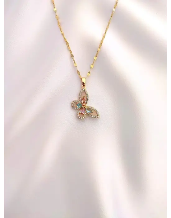 Gold Kelebek Model Renk Taşlı Kolye