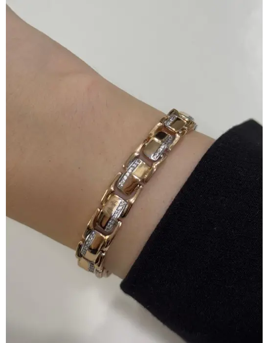 14K Gurmet Bileklik Kalın Zincir Minik Beyaz Taşlı