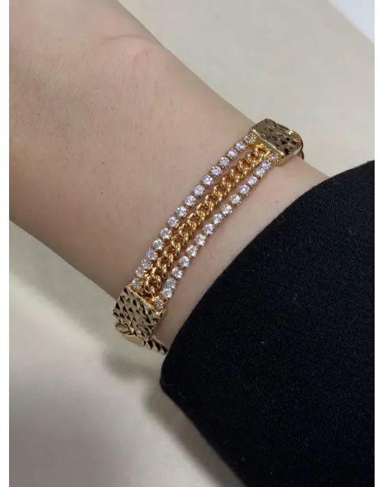 18K Yanları Pırlanta Taşlı Ortası Zincir Bilezik