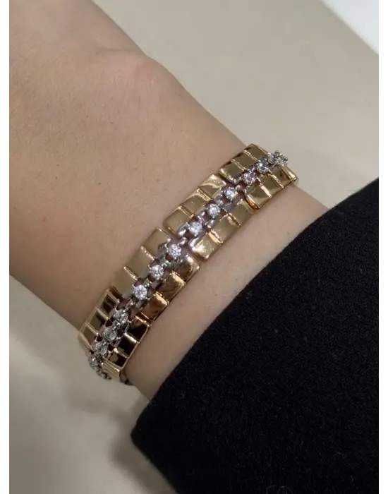 Çelik Gurmet Bileklik Rose Renk Kare Taşlı