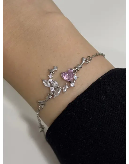 Pembe Kalpli Çiçek Model Taşlı Y2K Bileklik