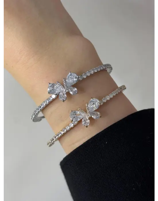 Beyaz Taşlı 2 li Kelebek Kelepçe Bilezik Gold