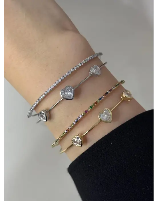 Beyaz Taşlı Kalpli 2 li Çelik Kelepçe Bileklik Gümüş Renk