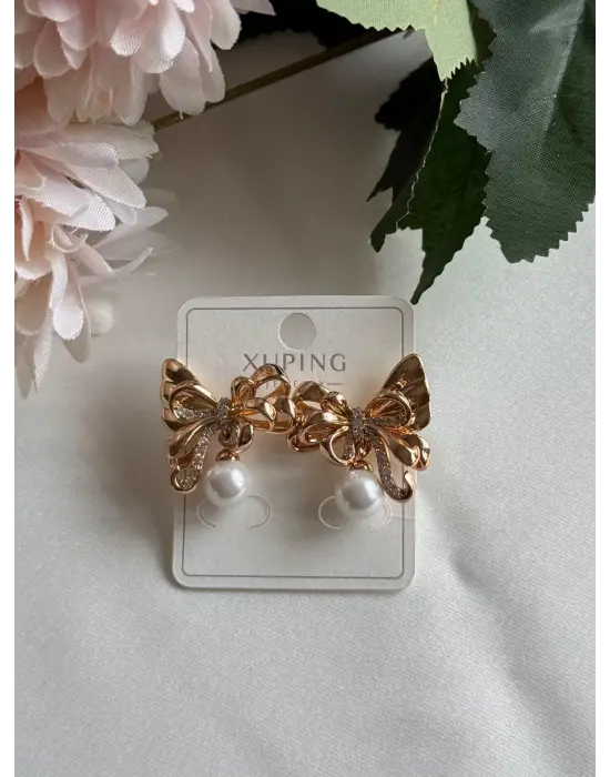 İnci Detaylı Taşlı Fiyonk Kurdele Küpe