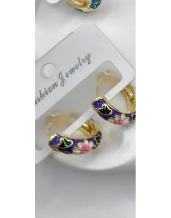 Mor Renkli Desenli Yazlık Halka Küpe