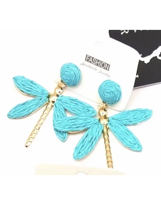 Açık Deniz Mavisi Yusufçuk Kuşu Hasır Yazlık Küpe