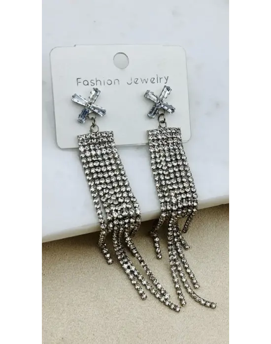 Su Yolu Taşlı Uzun Sarkıntılı X Model Abiyelik Küpe