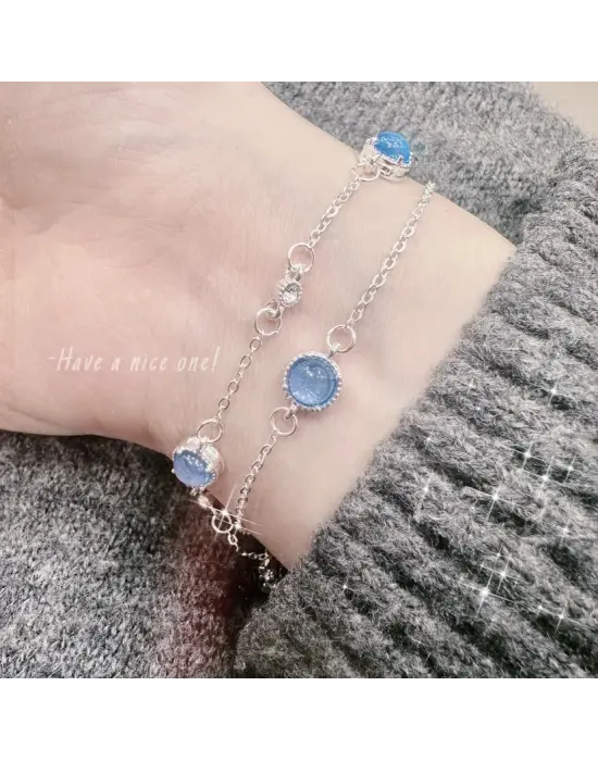 İki Zincirli Çift Model Mavi Taşlı Y2K Çelik Bileklik