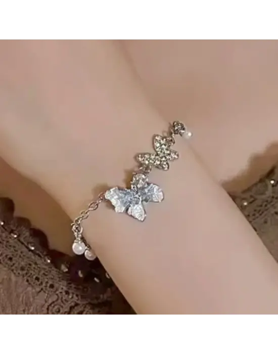 Kelebek Bileklik Beyaz Taşlı İncili Mavi Renk