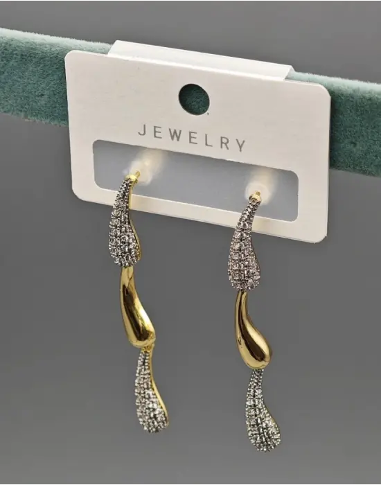 Uzun Vip Taşlı Sarkıtmalı 3 katlı Gold Küpe