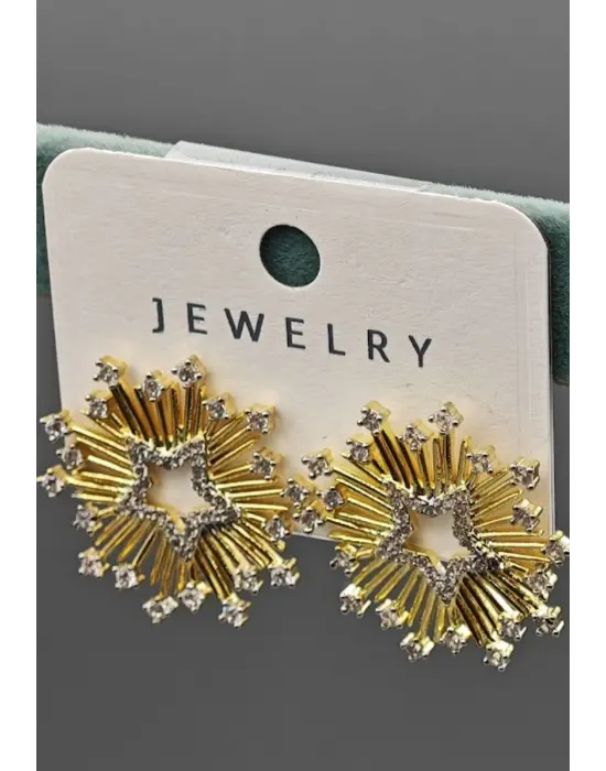 Ortası Yıldızlı Madalyon Şeklinde Taşlı Altın Küpe