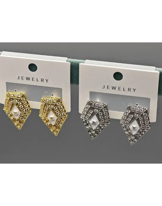 Altın Kaplama Beşgen Taşlı Ortası Beyaz Abiye Küpe