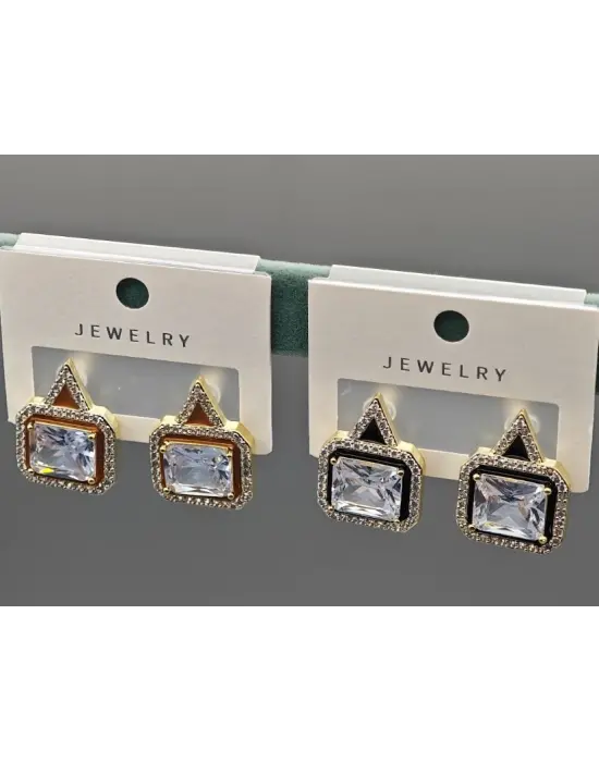 Baget Taşlı Kare Siyah Kahverengi Çift Vip Çelik Küpe