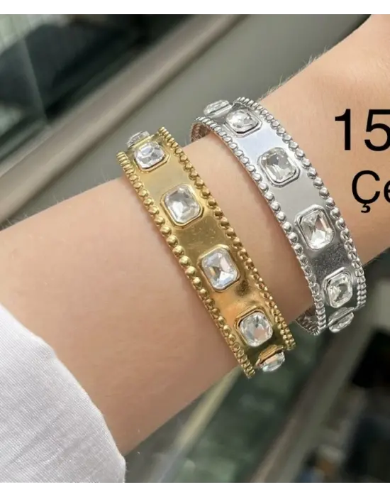 Baget Taşlı Gurmet Model Kelepçe Bileklik Gold ve Gümüş