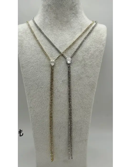 Beyaz Baget Taşlı Su Yolu Zincir Gold Gümüş Su Yolu Uzun Kolye