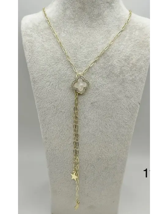 Van Cleef Beyaz Yonca Gold Zincir Çelik Y Uzun Kolye