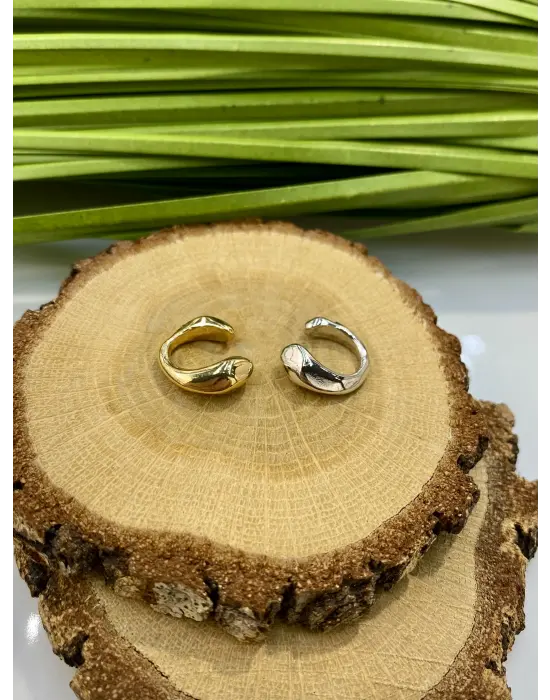 Bombeli Taşsız Çelik Earcuff Küpe Gümüş+Gold