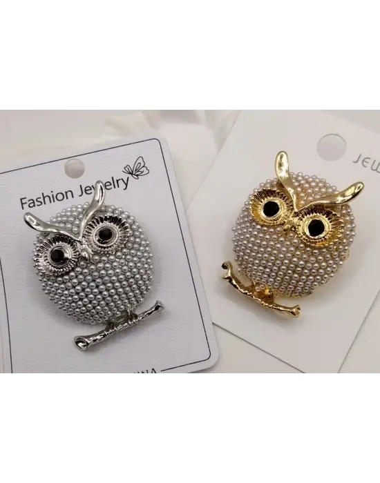 Taşlı İncili Baykuş Motifli Broş & Yaka İğne