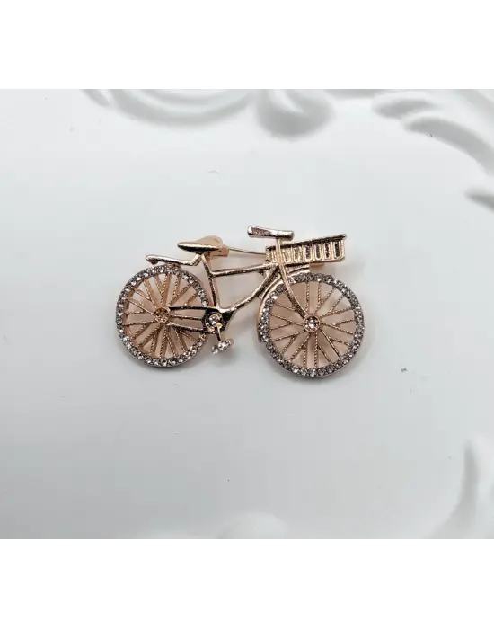 Taşlı Bisiklet Şekilli Kadın Broşu Gold Renk