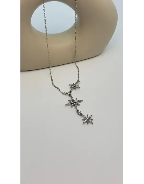 Kuzey Yıldızlı Y Kolye Modeli Uzun Gümüş + Gold