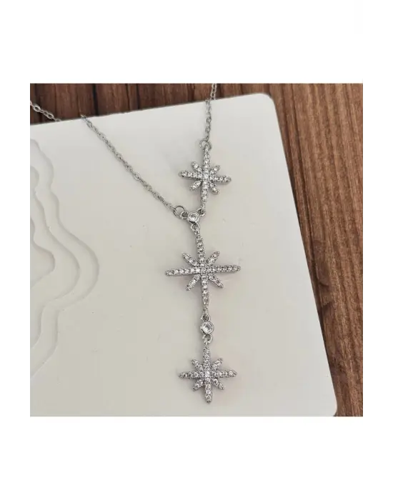 Kuzey Yıldızlı Y Kolye Modeli Uzun Gümüş + Gold