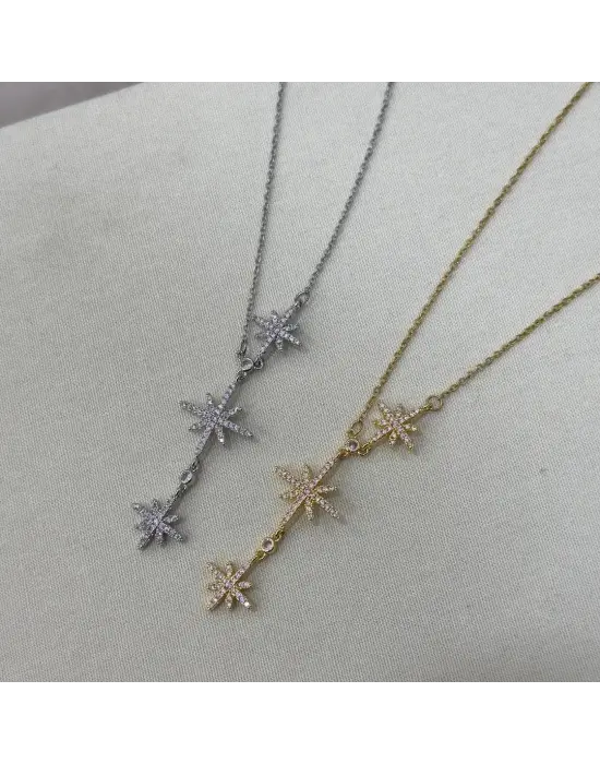 Kuzey Yıldızlı Y Kolye Modeli Uzun Gümüş + Gold