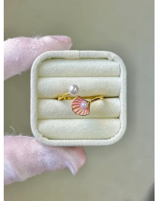 İncili Midye Model Çelik Yüzük Gold