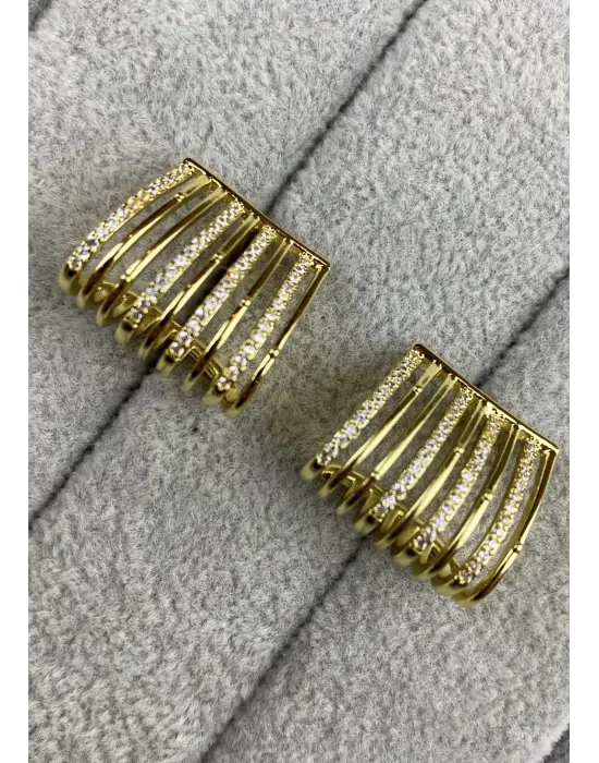 Çoklu Görünümlü Büyük Taşlı Gold Kadın Küpe