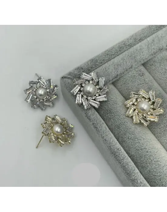 İncili Çiçek Model Rüzgar Gülü Taşlı Abiye Küpe