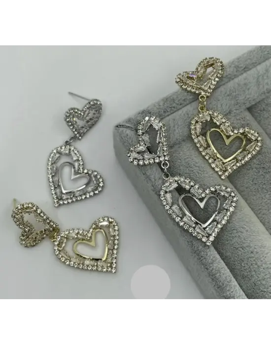 Çift Kalp Sallantılı Taşlı Abiye Küpe