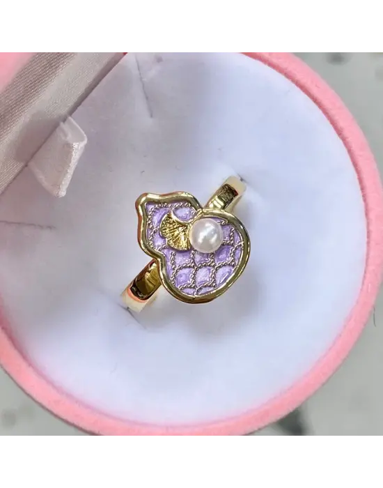 Mor Deniz Kabuğu Desenli İnci Detaylı Ayarlanabilir Sanat Portre Yüzük